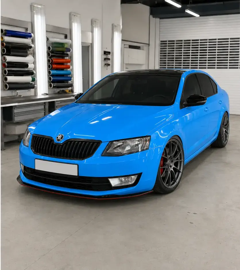 Синяя Skoda Octavia A7 после виниловой оклейки